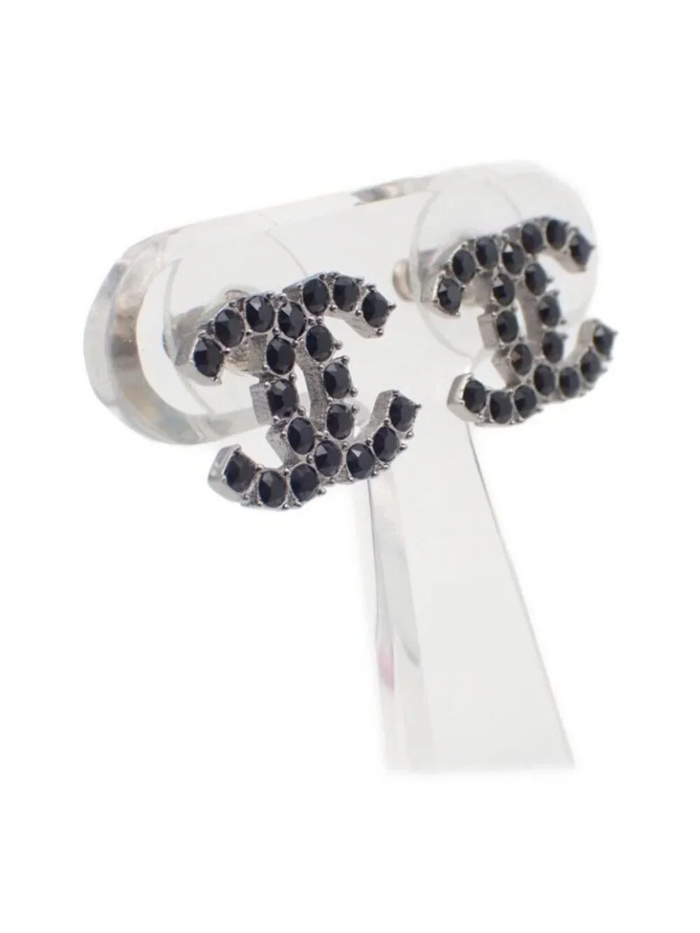 Chanel CC Logo Earrings 18 Metal Crystal Black Coco Silver Simple Rhinestone
